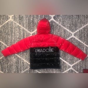 Red, black and white SUPREME BEING Chapoie puffer jackets